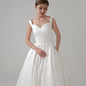 Vestido de novia de satén con relieve jacquard marfil, tirantes y bolsillos, vestido de novia personalizado, vestido moderno con cintura natural preordenada. imagen 4