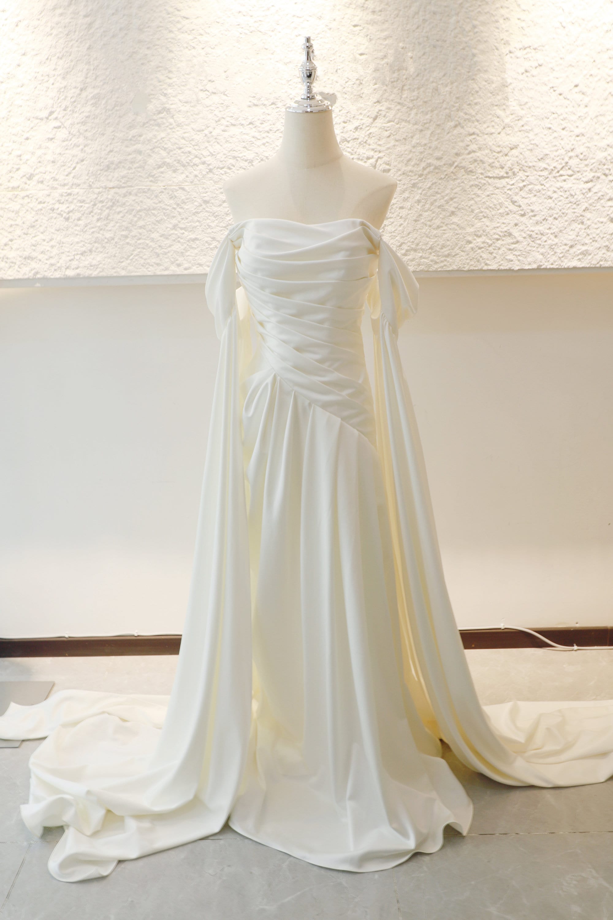 Ivory crepe wedding dress asymmetric waist, bridal dress gown with pleats off the shoulder sleeves train, Beach casual A-line bridal gown