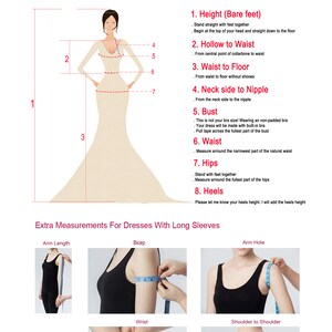 May include: Diagram illustrating how to measure for a dress, with a woman's figure and measurement points labeled. Includes instructions for height, waist, bust, and other key measurements. Additional diagrams show measurements for dresses with long sleeves.
