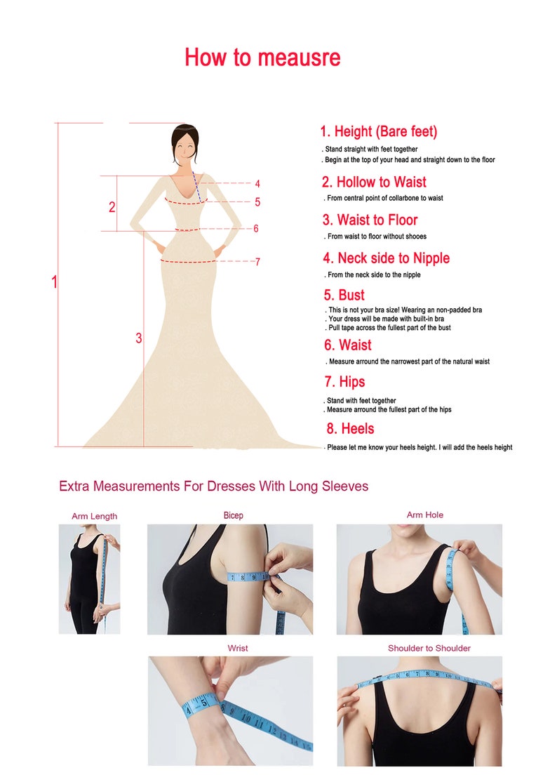 May include: Diagram illustrating how to measure for a dress, with a woman's figure and measurement points labeled. Includes instructions for height, waist, bust, and other key measurements. Additional diagrams show measurements for dresses with long sleeves.