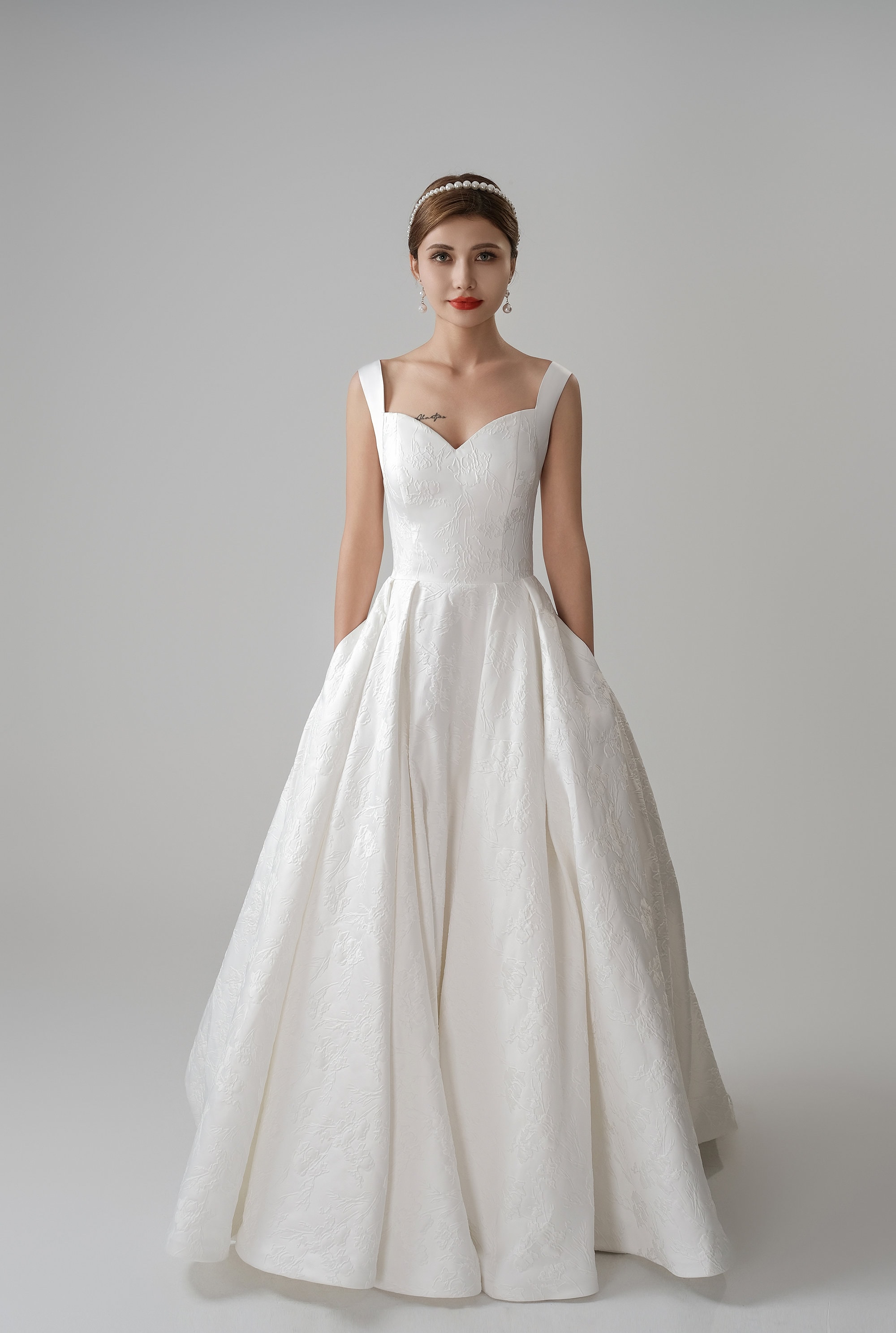 jacquard satin wedding dress Minimalist Jacquard Satin Wedding Dress with Side Cutouts
