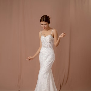 Spaghetti straps wedding dress mermaid bridal dress, beaded pearls lace wedding dress, sexy fit bridal dress illusion beach wedding gown
