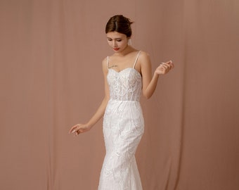 Spaghetti straps wedding dress mermaid bridal dress, beaded pearls lace wedding dress, sexy fit bridal dress illusion beach wedding gown