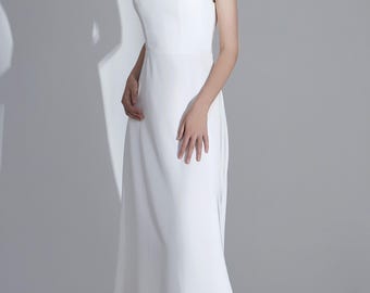 Boat neck crepe bridal dresses sheath wedding gowns custom lace see through back buttons brush train simple natural waist wedding events