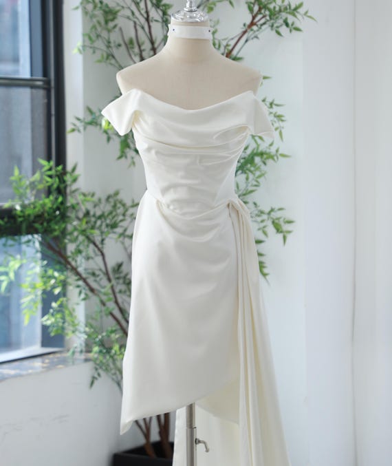 asymmetrical skirt wedding dress Off Shoulder Ivory Silk Satin Informal Bridal Gowns Mini Short Dress Custom Pleats Drop V Waist Modern beige women dress A-Line Satin Wedding Dress Size CN/US:S / 2 Rush Production might be