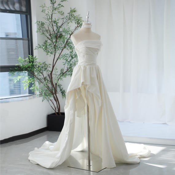 Ivory Strapless Wedding Dress Straight Neck Mini Dress With Overskirt Chapel Train, Taffeta Asymmetric Skirt Hem Custom Bridal Dress Gown - Etsy Ivory Strapless Wedding Dress Straight Neck Mini Dress With Overskirt Chapel Train, Taffeta Asymmetric Skirt Hem Custom Bridal Dress Gown - Etsy