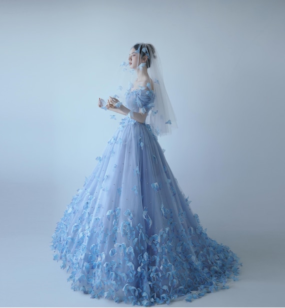 bright blue wedding dress Short Sleeve Slate Blue Wedding Dresses for Photography VW1116 – Viniodress