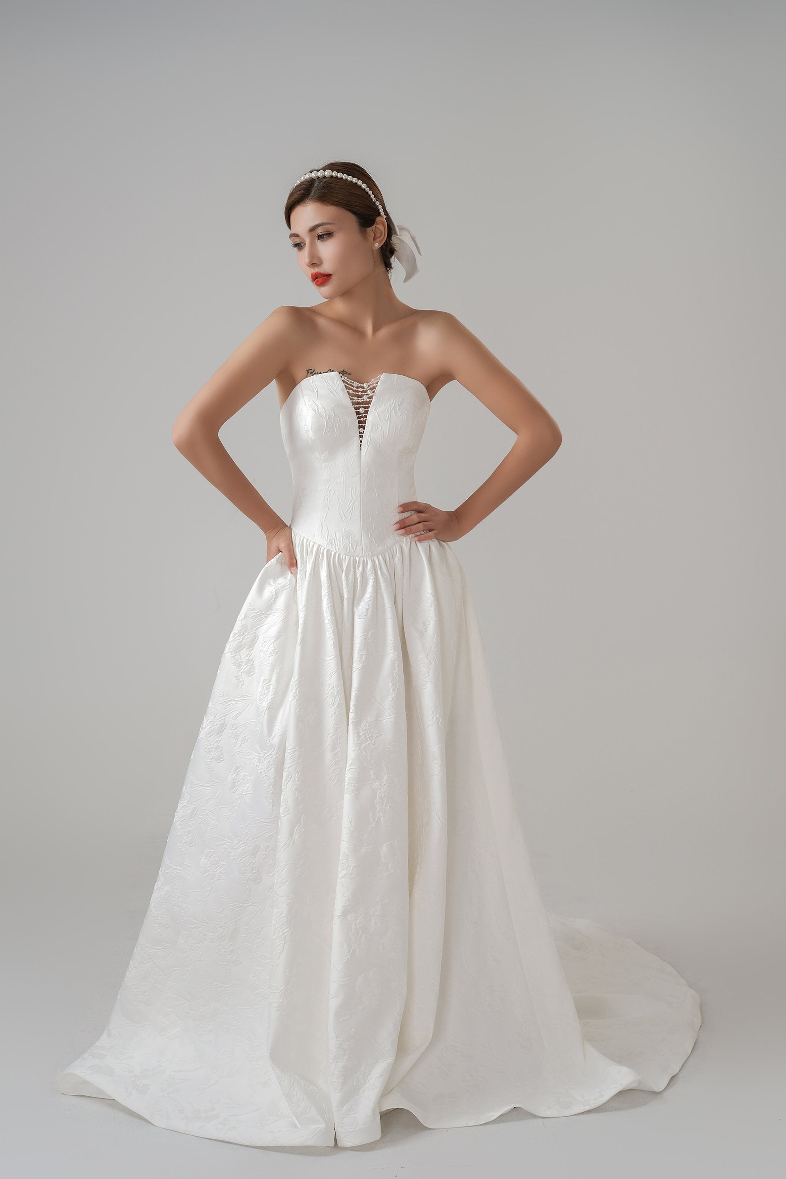 Wedding Dress Pearl Embellished Neckline Satin Bridal Gown