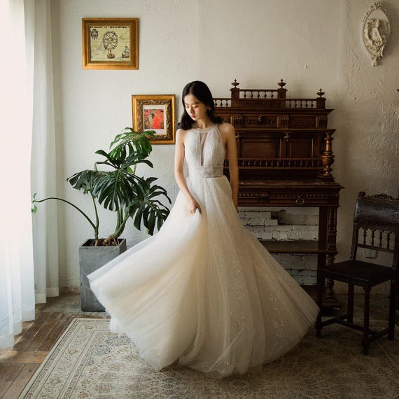 Halter Neck Light Champagne Wedding Dress A-line Waistband Open Back  Shinning Sequins Bridal Gowns With Bow Beho Wedding Informal Custom - Etsy  Canada