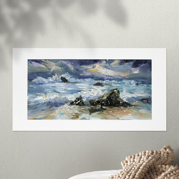 Stormy Seascape Oil Painting, Ocean Waves And Clouds Artwork, Textured Impasto Panoramic Wall Decor, Original Coastal Surf Art Hanging