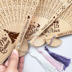 Bulk Mis Quince Años Fan with Tassel Custom Birthday Favors Quinceañera Party Favors Sweet 16 Sweet 15 Gifts Personalized Wedding Hand Fans