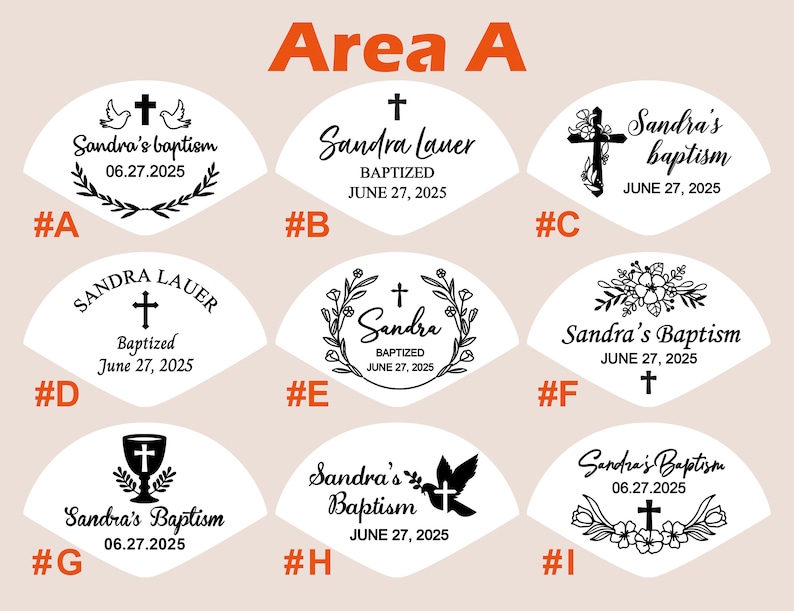 May include: Nine different designs for baptism favors. Each design features a cross, a dove, and floral elements. The text on the favors reads "Sandra's Baptism" and includes the date "June 27, 2025".
