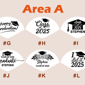 May include: A set of six graduation cap-shaped fan designs. The designs feature various graduation-themed text and graphics, including "Happy Graduation", "Class of 2025", "graduate", "Stephen", and "I did it 2025".