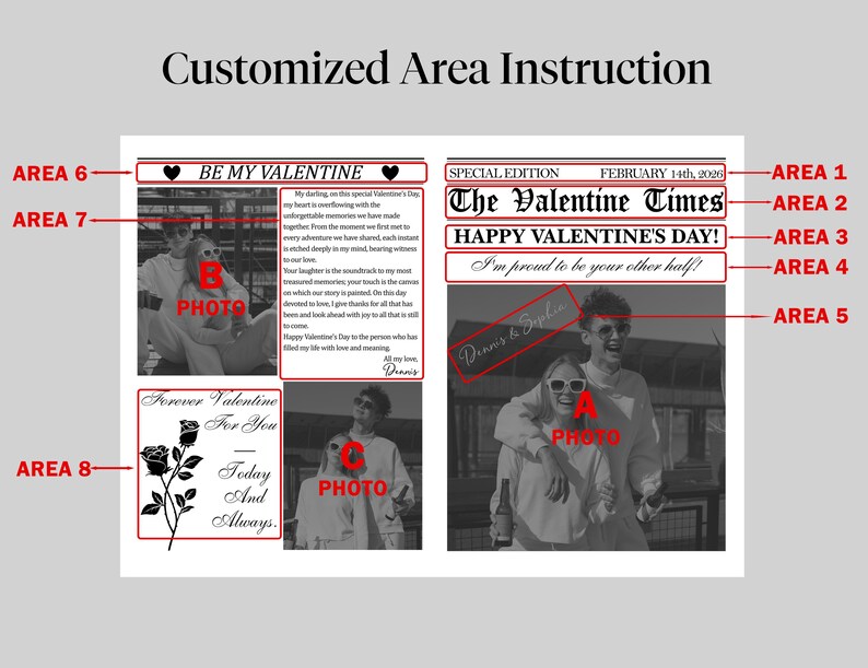 Może przedstawiać: Spersonalizowany wydruk na Walentynki z nagł&oacute;wkiem "The Valentine Times". Projekt zawiera zdjęcia, tekst oraz frazy "Happy Valentine's Day!" i "I'm proud to be your other half!"