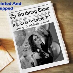 May include: A black and white newspaper-style birthday announcement. The headline reads "The Birthday Time" with the text "MEGAN IS TURNING 30!" and "Join us to celebrate magen!" A photo of a woman holding sparklers is featured.