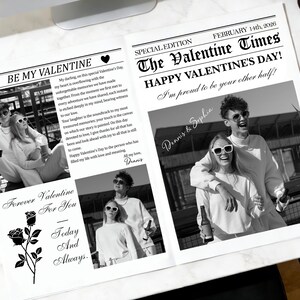 Może przedstawiać: Czarno-biały wydruk w stylu gazety na Walentynki. Nagł&oacute;wek brzmi "The Valentine Times" z datą 14 lutego 2026 r. Wydruk zawiera zdjęcia pary i romantyczny tekst, ze słowami "Be My Valentine".