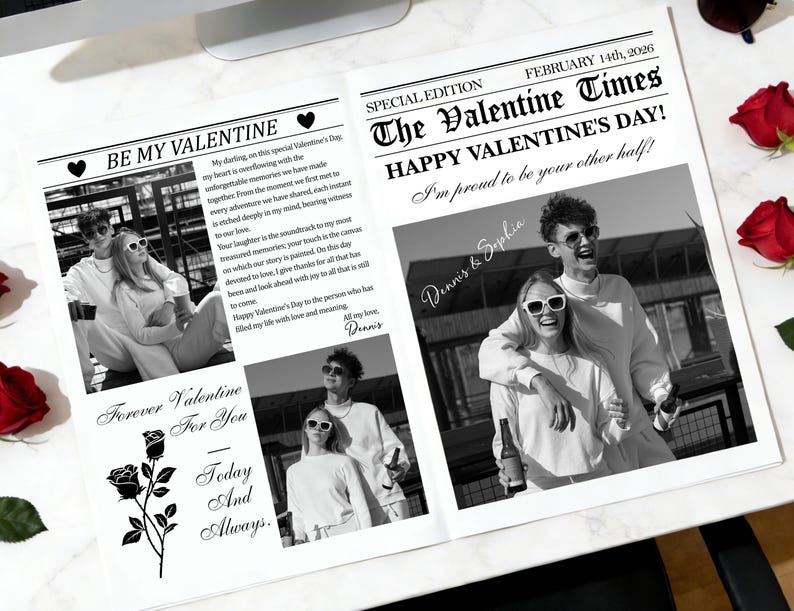 Może przedstawiać: Czarno-biały wydruk w stylu gazety na Walentynki. Nagł&oacute;wek brzmi "The Valentine Times" z datą 14 lutego 2026 r. Wydruk zawiera zdjęcia pary i romantyczny tekst, ze słowami "Be My Valentine".