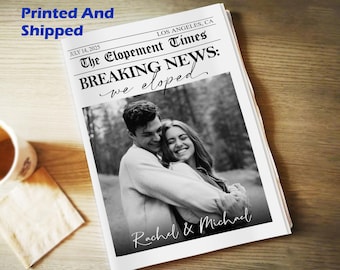 印刷して発送された写真付き駆け落ち新聞/駆け落ちした結婚のお知らせ/新聞で包んだプロポーズ用ブーケ/日付の保存/結婚祝い