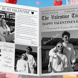 Może przedstawiać: Karta walentynkowa w stylu gazety ze zdjęciami pary w czerni i bieli. Nagł&oacute;wek brzmi "The Valentine Times" i "Happy Valentine's Day!" z datą 14 lutego 2026 r. Karta zawiera r&oacute;wnież tekst "Be My Valentine" i "Forever Valentine For You."