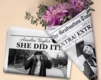 Custom Newspaper Graduation Gift Flower Bouquet Wrap/Editable Newspaper for New Graduate/College Graduation Gift for Her/Class of 2025 Grad