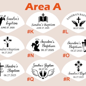 May include: A set of 8 baptism fan designs with different images and text. The designs include a dove, a cross, an angel, a book, hands holding a cross, and a cross with flowers. The text includes "Sandra's Baptism" and the date "06.27.2025".