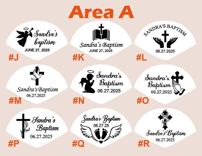May include: A set of 8 baptism fan designs with different images and text. The designs include a dove, a cross, an angel, a book, hands holding a cross, and a cross with flowers. The text includes "Sandra's Baptism" and the date "06.27.2025".