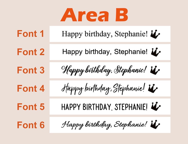 Op de afbeelding: Zes verschillende lettertypen van de tekst "Happy birthday, Stephanie!" met een kroonpictogram ernaast. De tekst is zwart en de kroon is zwart met een gouden rand.