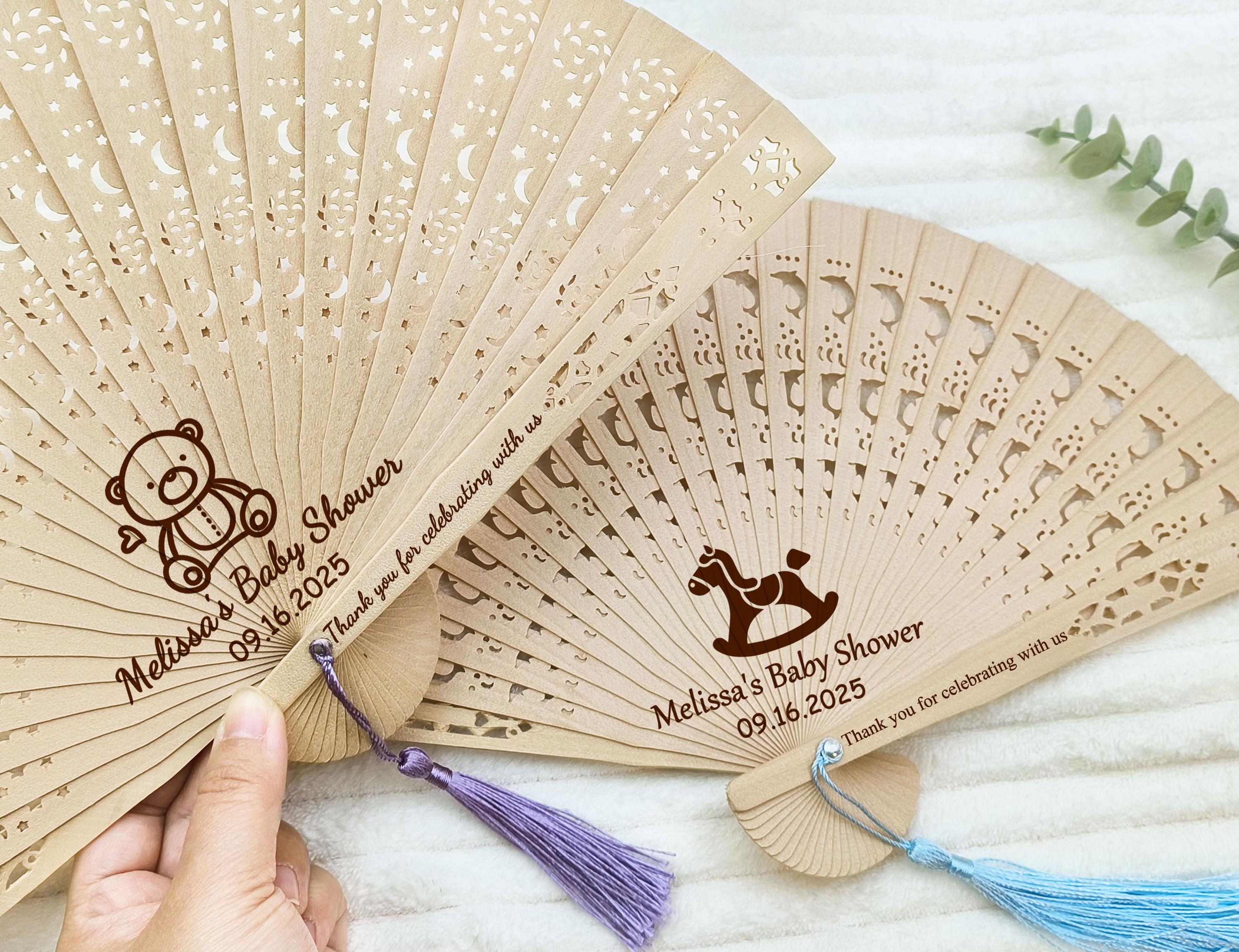 ベビーシャワー用木製扇子（大量購入）/タッセル付きパーソナライズ 