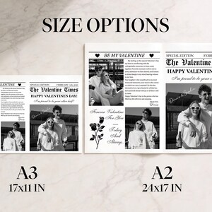 Może przedstawiać: Czarno-biały wydruk gazety walentynkowej ze zdjęciami pary. Wydruk zawiera tekst "BE MY VALENTINE" i "The Valentine Times". Dostępny w rozmiarach A3 (43x28 cm) i A2 (61x43 cm).