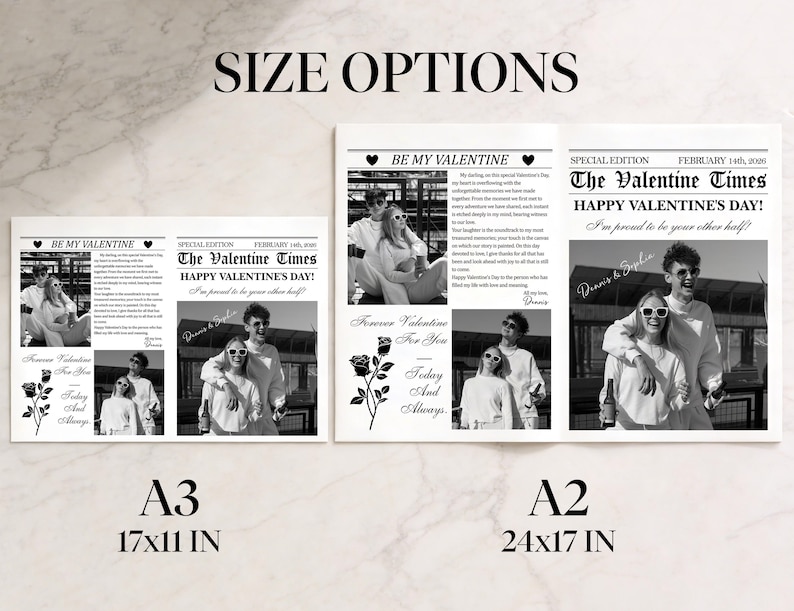 Może przedstawiać: Czarno-biały wydruk gazety walentynkowej ze zdjęciami pary. Wydruk zawiera tekst "BE MY VALENTINE" i "The Valentine Times". Dostępny w rozmiarach A3 (43x28 cm) i A2 (61x43 cm).