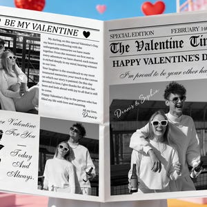 Może przedstawiać: Karta walentynkowa w stylu gazety ze zdjęciami pary w czerni i bieli. Nagł&oacute;wek brzmi "The Valentine Times" i "Happy Valentine's Day!" z datą 14 lutego 2026 r. Karta zawiera r&oacute;wnież tekst "Be My Valentine" i "Forever Valentine For You."