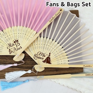 Custom Quinceañera Party Fan with Tassels/Mis Quince Favors Fan & Bag/Birthday Favors for Guest/Personalized Fabric Cloth Fan/Sweet 16 Gifts