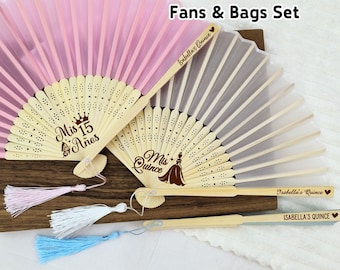 Custom Quinceañera Party Fan with Tassels/Mis Quince Favors Fan & Bag/Birthday Favors for Guest/Personalized Fabric Cloth Fan/Sweet 16 Gifts