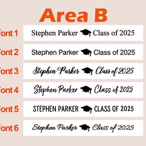 May include: A graphic showcasing six different font styles for a graduation announcement. Each style displays the name "Stephen Parker", a graduation cap icon, and "Class of 2025". The text "Area B" is at the top in orange.