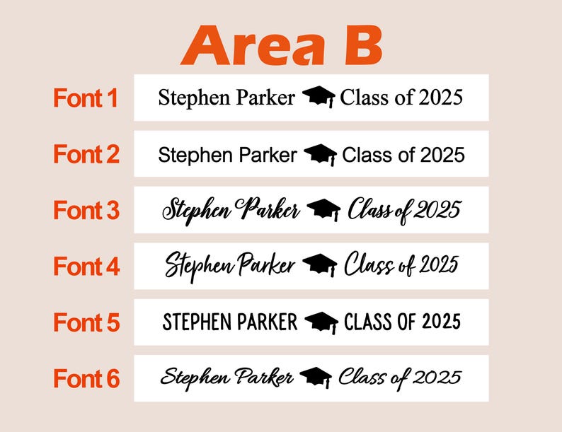 May include: A graphic showcasing six different font styles for a graduation announcement. Each style displays the name "Stephen Parker", a graduation cap icon, and "Class of 2025". The text "Area B" is at the top in orange.