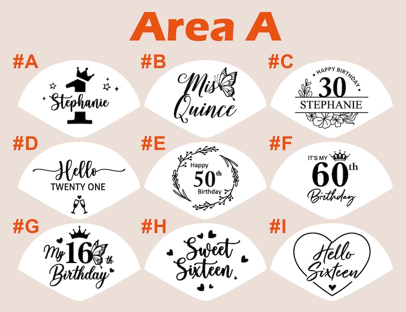 Op de afbeelding: Negen verschillende ontwerpen voor taarttoppers, elk met een andere leeftijd en boodschap. De ontwerpen omvatten een kroon, een vlinder, een krans en een hart. De tekst omvat "Stephanie", "Mis Quince", "Happy 30th Birthday", "Hello Twenty One", "Happy 50th Birthday", "It's My 60th Birthday", "My 16th Birthday", "Sweet Sixteen" en "Hello Sixteen".