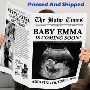 May include: A newspaper-style announcement with the headline "The Baby Times" and the text "Baby Emma is Coming Soon!" The announcement includes an ultrasound image and the text "Arriving October 2025."