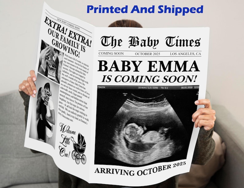 May include: A newspaper-style announcement with the headline "The Baby Times" and the text "Baby Emma is Coming Soon!" The announcement includes an ultrasound image and the text "Arriving October 2025."