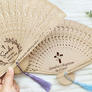 Bulk Personalized Baptism Fans for Guests, Sandalwood Folding Fan with Tassel, Christening Fan Gifts, Wooden Hand Fans, Mi Bautizo Favors