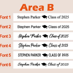 May include: Six different font styles for the text "Stephen Parker Class of 2025" with a graduation cap icon. The text is on a white background.