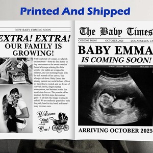 May include: A newspaper-style announcement with the headline "EXTRA! EXTRA! OUR FAMILY IS GROWING!" and "BABY EMMA IS COMING SOON!" features sonogram images and the text "ARRIVING OCTOBER 2025". The announcement is held by a person.