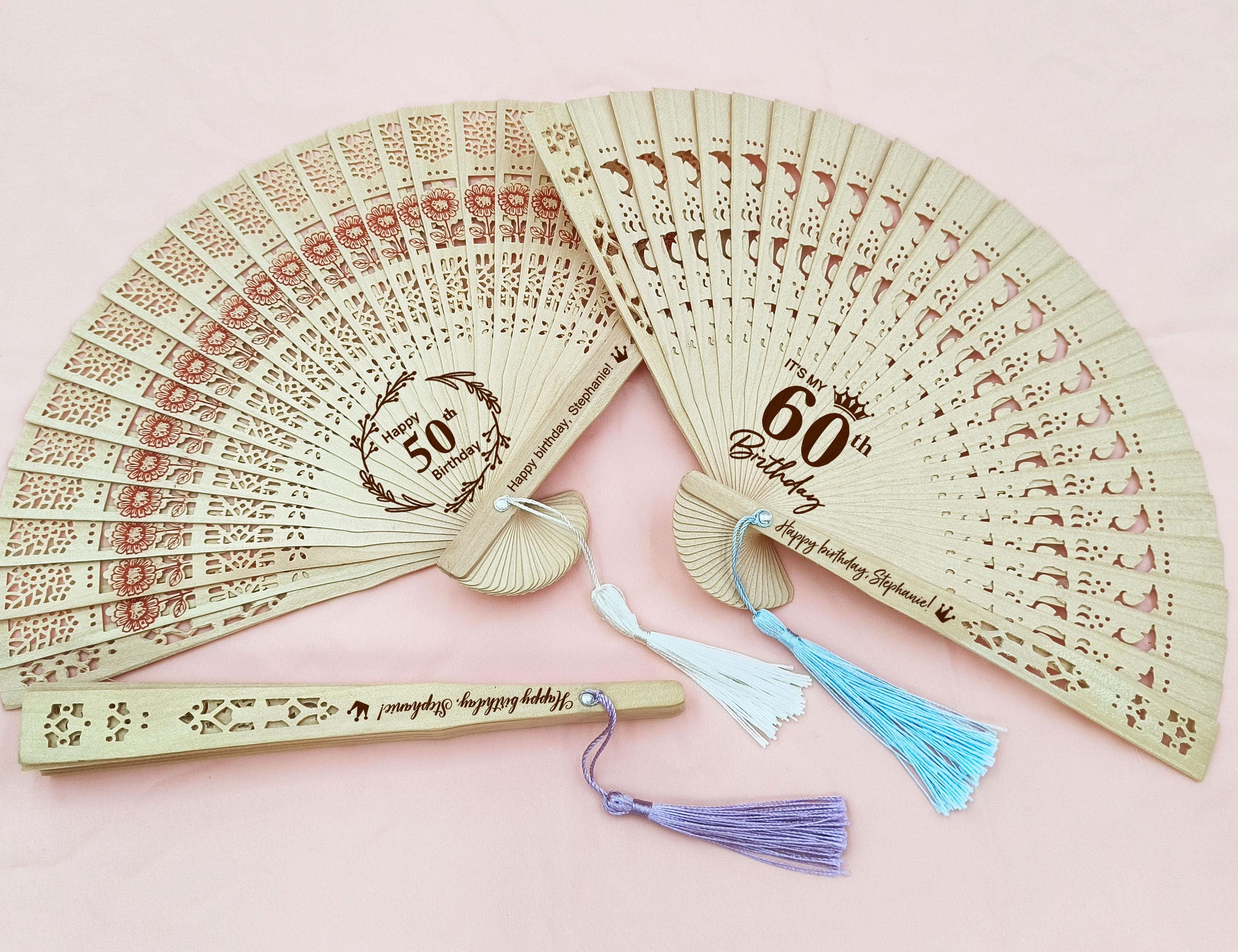 Happy Birthday Sandalwood Fans, Personalized Birthday Hand Fans with Tassel, Bulk Birthday Folding Fans, 30th/50th/60th Birthday Celebration
