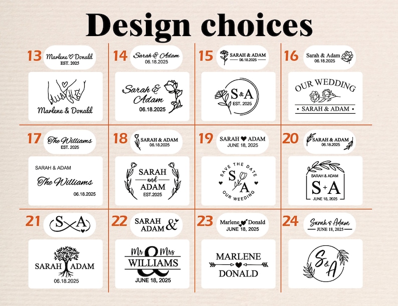 Op de afbeelding: Een grafisch ontwerpvel met 24 verschillende ontwerpen voor huwelijksstempels. De ontwerpen bevatten verschillende lettertypen, illustraties en tekst, zoals "Sarah & Adam", "The Williams", "Our Wedding", "Save the Date" en "Mr. & Mrs. Williams".