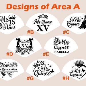 Puede incluir: Ocho dise&ntilde;os diferentes para decoraciones de Quincea&ntilde;era. Cada dise&ntilde;o presenta una corona, mariposas, flores y el texto "Mis Quince" o "Mis Quince A&ntilde;os".