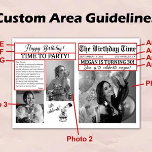 May include: A custom birthday invitation with the text "Happy Birthday! Time to Party!" and "Megan is turning 30!" The invitation includes photos and the text "Join us to celebrate Megan!"