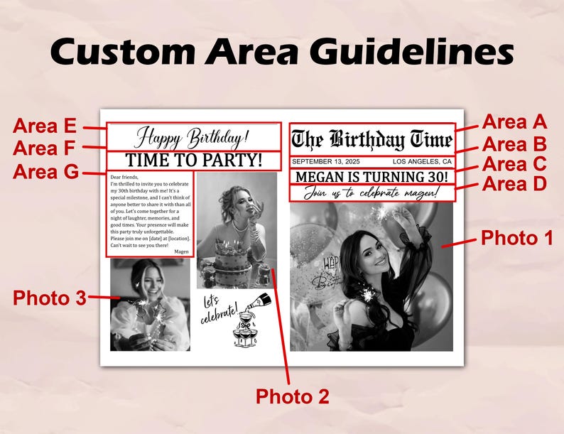May include: A custom birthday invitation with the text "Happy Birthday! Time to Party!" and "Megan is turning 30!" The invitation includes photos and the text "Join us to celebrate Megan!"