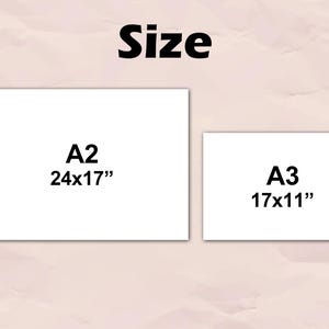 May include: Image showing two white rectangular prints labeled "A2 24x17"" and "A3 17x11"" against a light pink background. The word "Size" is at the top of the image in black.