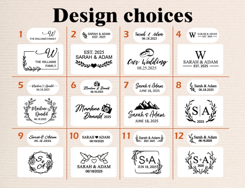 Op de afbeelding: Twaalf verschillende ontwerpmogelijkheden voor een gepersonaliseerde houten stempel. De ontwerpen omvatten een verscheidenheid aan lettertypen, afbeeldingen en tekst, zoals namen, datums en trouwringen. De ontwerpen zijn genummerd van 1 tot en met 12.