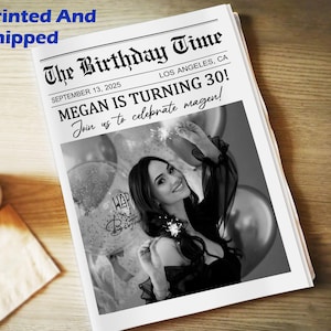 May include: A black and white newspaper-style birthday announcement. The headline reads "The Birthday Time" with the text "MEGAN IS TURNING 30!" and "Join us to celebrate magen!" A photo of a woman holding sparklers is featured.