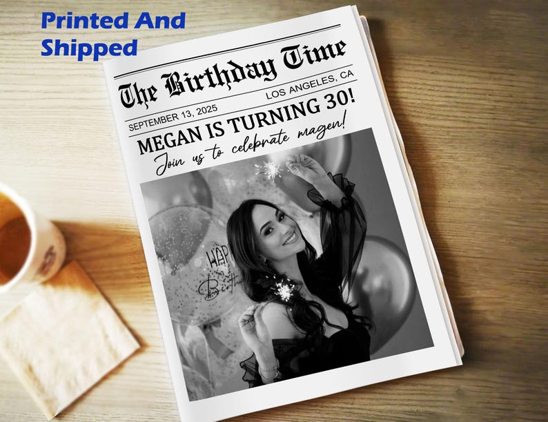 May include: A black and white newspaper-style birthday announcement. The headline reads "The Birthday Time" with the text "MEGAN IS TURNING 30!" and "Join us to celebrate magen!" A photo of a woman holding sparklers is featured.